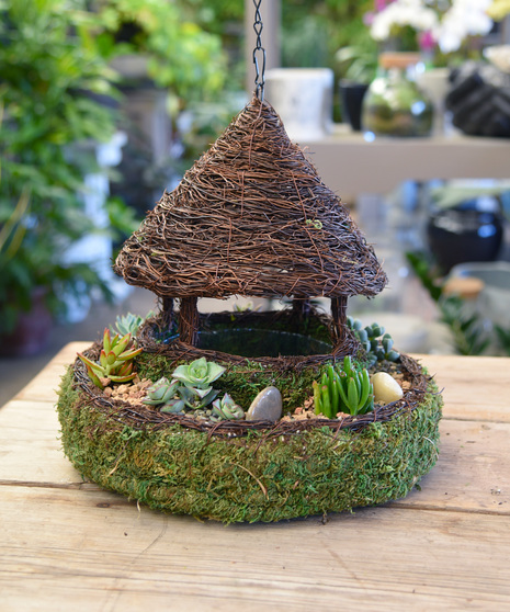 This woven gazebo with mountain moss features a mixture of succulents . The gazebo is outdoor tested and durable either hanging from the included chain or on a  patio table.    
