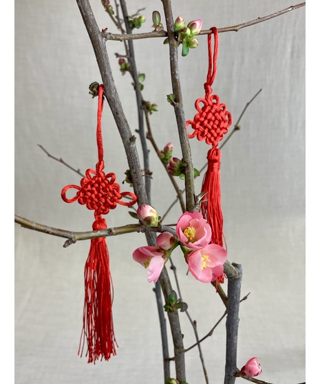 Celebrate the Lunar New Year of the dragon with lucky tassels.  Each set of lunar new year tassels has two knotted tassels and a third with a dragon.