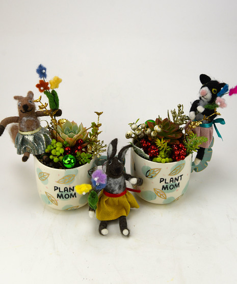 Holiday Succulent Plant Mom Mug - Let the world know that she's a plant mom with a mini succulents, festive accents with a felted animal ornament.
