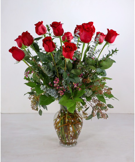 12 Luxury Roses in Vase - Select Color