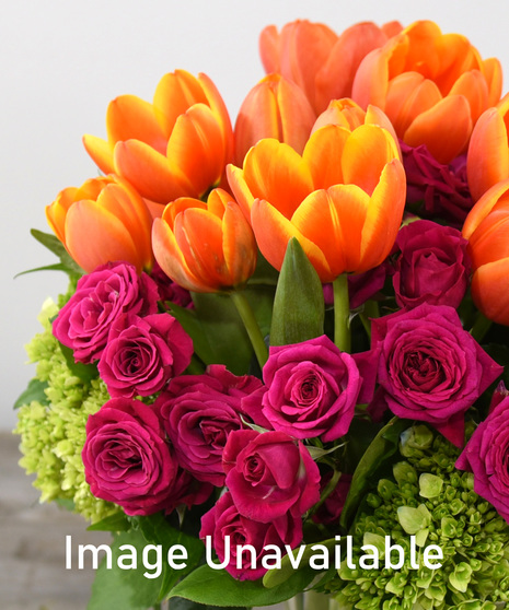 Cheerful tulips, spray roses, hydrangeas designed in a glass vase.