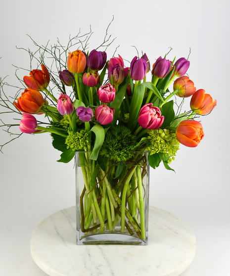 Multi-petal tulips in orange and bright pink or purple. They bloom among seasonal foliage in a glass vase with a spring color ribbon.  