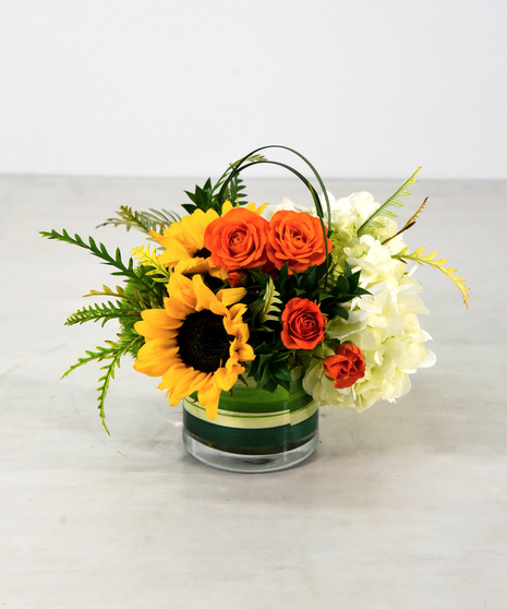  A cheery design of colorful sunflowers, spray roses and hydrangea in ribbon lined glass vase. Upgraded version with gerber daisies, spray roses and hydrangea is offered. 