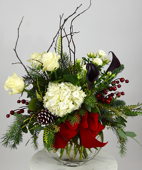 Blooms of creamy roses, hydrangea and deep purple calla lilies,  red berries, pinecones, seasonal foliage and a holiday red velvet bow. Designed in a glass sphere vase.