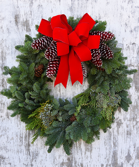 Fresh Evergreen & Pinecones Wreath Velvet Bow