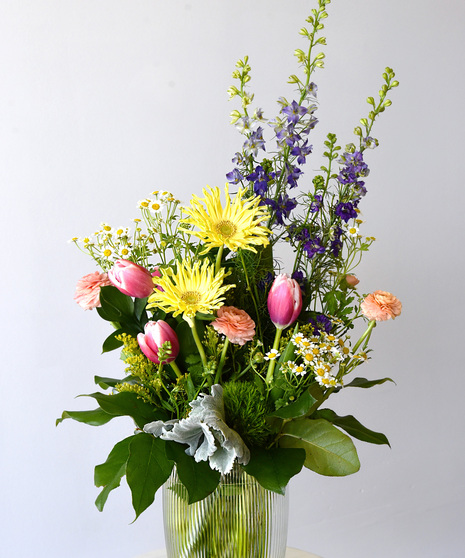 Cheerful tulips, gerbera, larkspur with seasonal foliage designed in a glass ribbed vase.